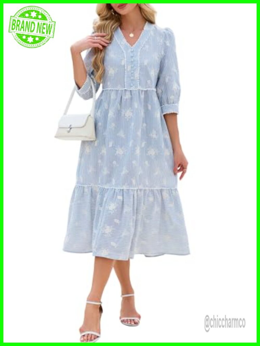 Womens Boho Tiered Embroidered Midi Dress 3/4 Puff Sleeve V Neck Casual Summer